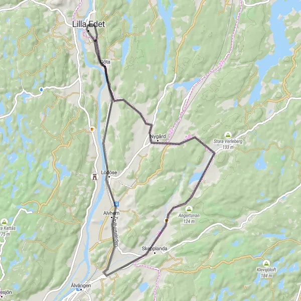 Map miniature of "Angertuvan Loop" cycling inspiration in Västsverige, Sweden. Generated by Tarmacs.app cycling route planner