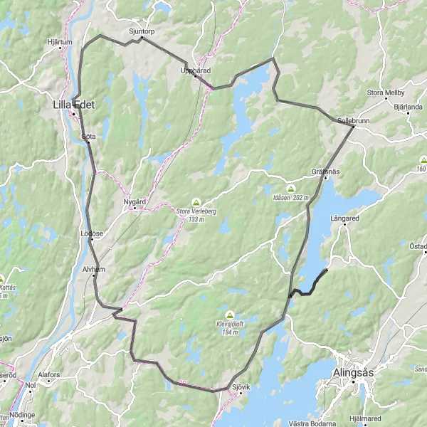 Map miniature of "Road Cycling Route from Lilla Edet" cycling inspiration in Västsverige, Sweden. Generated by Tarmacs.app cycling route planner