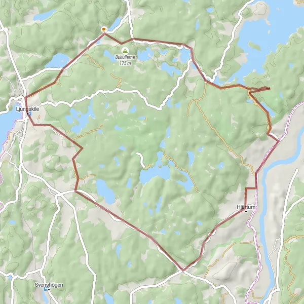 Map miniature of "Bukullarna and Backamo Gravel Loop" cycling inspiration in Västsverige, Sweden. Generated by Tarmacs.app cycling route planner