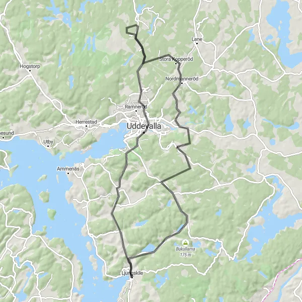 Kartminiatyr av "Kustlinjer och gröna landskap" cykelinspiration i Västsverige, Sweden. Genererad av Tarmacs.app cykelruttplanerare