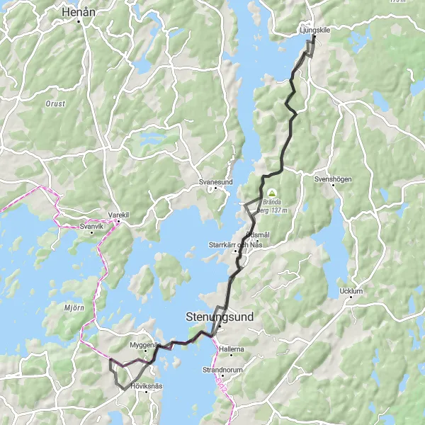 Kartminiatyr av "Kustvägen" cykelinspiration i Västsverige, Sweden. Genererad av Tarmacs.app cykelruttplanerare