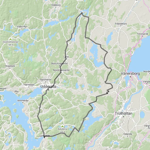 Kartminiatyr av "Långväga landsväg till Grunnebo" cykelinspiration i Västsverige, Sweden. Genererad av Tarmacs.app cykelruttplanerare