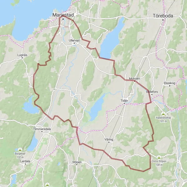 Map miniature of "Picturesque Gravel Ride near Mariestad" cycling inspiration in Västsverige, Sweden. Generated by Tarmacs.app cycling route planner