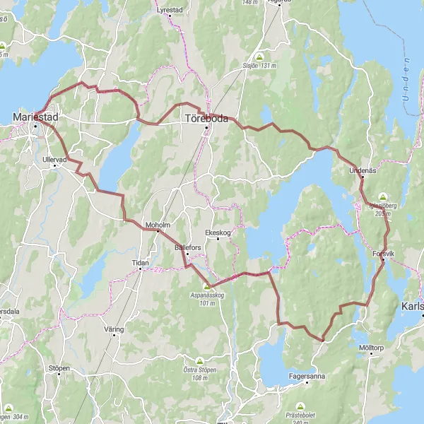Kartminiatyr av "Forsvik och Aspanässkog" cykelinspiration i Västsverige, Sweden. Genererad av Tarmacs.app cykelruttplanerare