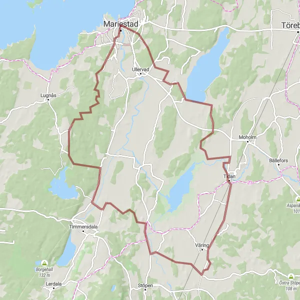 Kartminiatyr av "Grusvägarna runt Mariestad" cykelinspiration i Västsverige, Sweden. Genererad av Tarmacs.app cykelruttplanerare