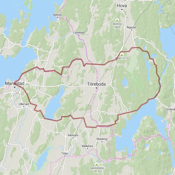 Kartminiatyr av "Grusvägarna runt Mariestad" cykelinspiration i Västsverige, Sweden. Genererad av Tarmacs.app cykelruttplanerare