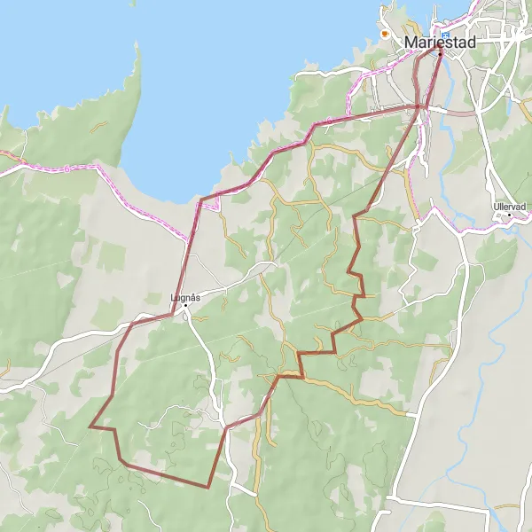 Map miniature of "Scenic Gravel Ride around Mariestad" cycling inspiration in Västsverige, Sweden. Generated by Tarmacs.app cycling route planner