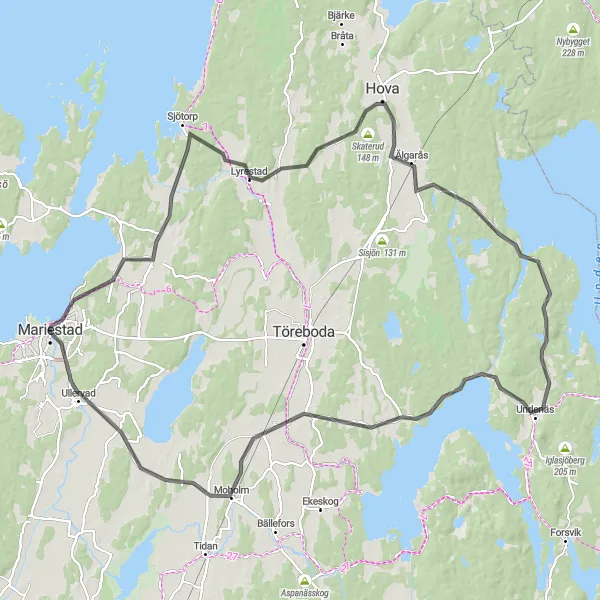 Map miniature of "Mariestad to Undenäs Road Adventure" cycling inspiration in Västsverige, Sweden. Generated by Tarmacs.app cycling route planner