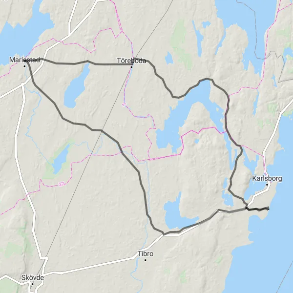 Map miniature of "The Scenic Route of Töreboda and Aspanässkog" cycling inspiration in Västsverige, Sweden. Generated by Tarmacs.app cycling route planner