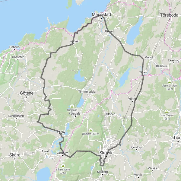 Map miniature of "Road Cycling Adventure from Mariestad to Skövde" cycling inspiration in Västsverige, Sweden. Generated by Tarmacs.app cycling route planner