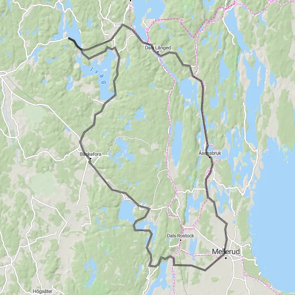 Map miniature of "The Bäckefors Loop" cycling inspiration in Västsverige, Sweden. Generated by Tarmacs.app cycling route planner