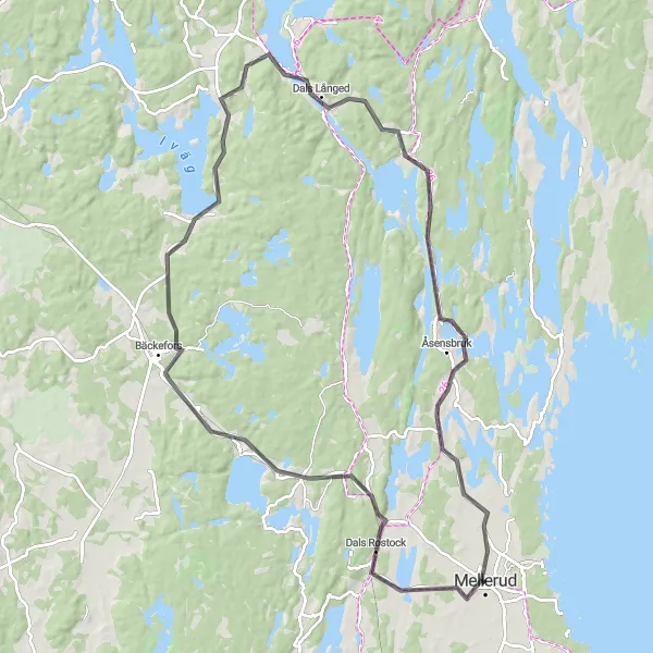 Map miniature of "Dals Rostock and Håverud Loop" cycling inspiration in Västsverige, Sweden. Generated by Tarmacs.app cycling route planner