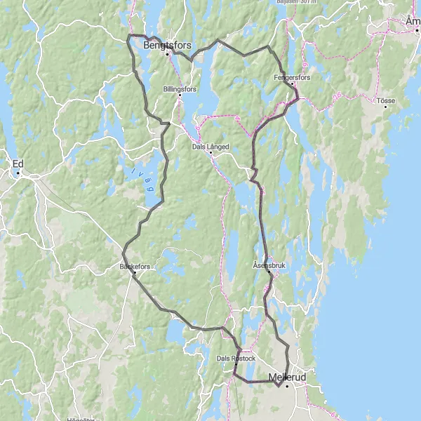 Map miniature of "Dals Rostock and Bengtsfors Grand Loop" cycling inspiration in Västsverige, Sweden. Generated by Tarmacs.app cycling route planner