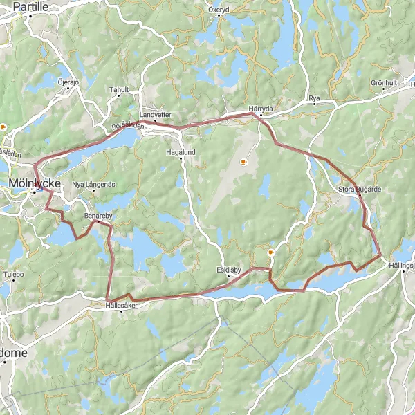 Kartminiatyr av "Mölnlycke - Härryda - Stora Bugärde - Benareby - Mölnlycke" cykelinspiration i Västsverige, Sweden. Genererad av Tarmacs.app cykelruttplanerare