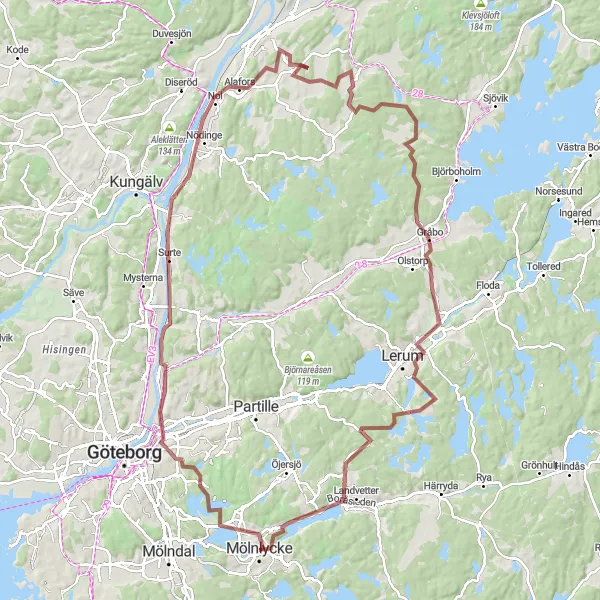 Map miniature of "Gravel Adventure: Mölnlycke to Alafors" cycling inspiration in Västsverige, Sweden. Generated by Tarmacs.app cycling route planner