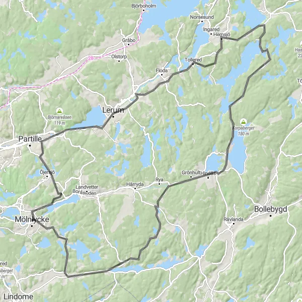 Kartminiatyr av "Mölnlycke - Högsta Hallarna Utökad Runda" cykelinspiration i Västsverige, Sweden. Genererad av Tarmacs.app cykelruttplanerare