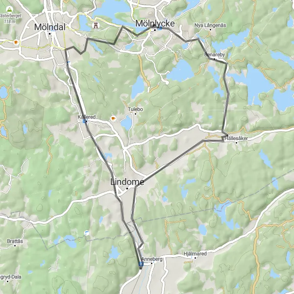 Kartminiatyr av "Mölnlycke - Hällesåker - Lindome - Kållered - Brattåsberget - Mölnlycke" cykelinspiration i Västsverige, Sweden. Genererad av Tarmacs.app cykelruttplanerare