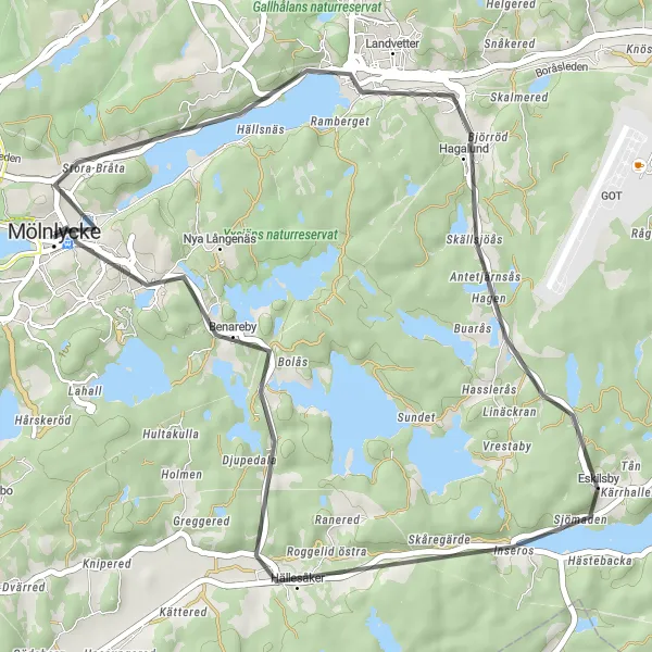 Kartminiatyr av "Mölnlycke - Hällesåker Kort Loop" cykelinspiration i Västsverige, Sweden. Genererad av Tarmacs.app cykelruttplanerare