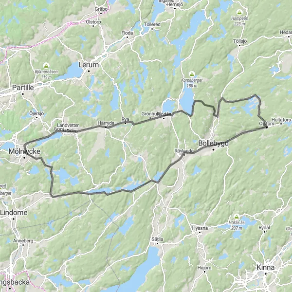 Map miniature of "The Mölnlycke Loop" cycling inspiration in Västsverige, Sweden. Generated by Tarmacs.app cycling route planner