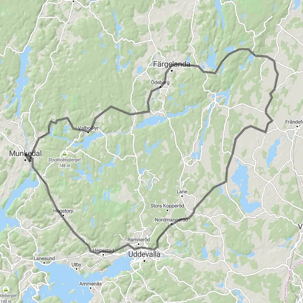 Map miniature of "Munkedal to Kviström and Back" cycling inspiration in Västsverige, Sweden. Generated by Tarmacs.app cycling route planner