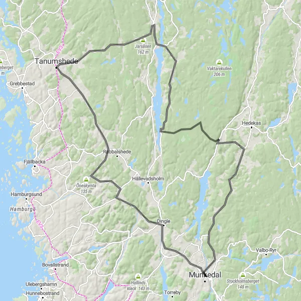 Kartminiatyr av "Dingle - Tanumshede - Jarsåsen" cykelinspiration i Västsverige, Sweden. Genererad av Tarmacs.app cykelruttplanerare