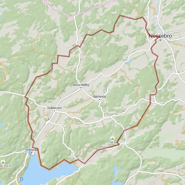 Kartminiatyr av "Grusvägar runt Nossebro" cykelinspiration i Västsverige, Sweden. Genererad av Tarmacs.app cykelruttplanerare