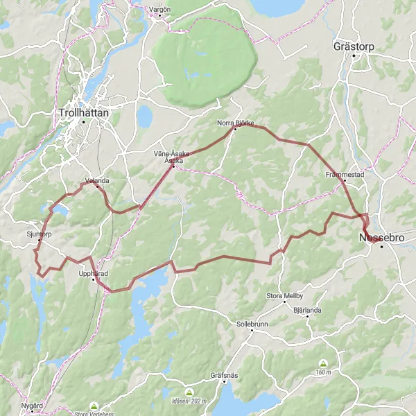 Kartminiatyr av "Koberg till Nossebro Grusväg" cykelinspiration i Västsverige, Sweden. Genererad av Tarmacs.app cykelruttplanerare