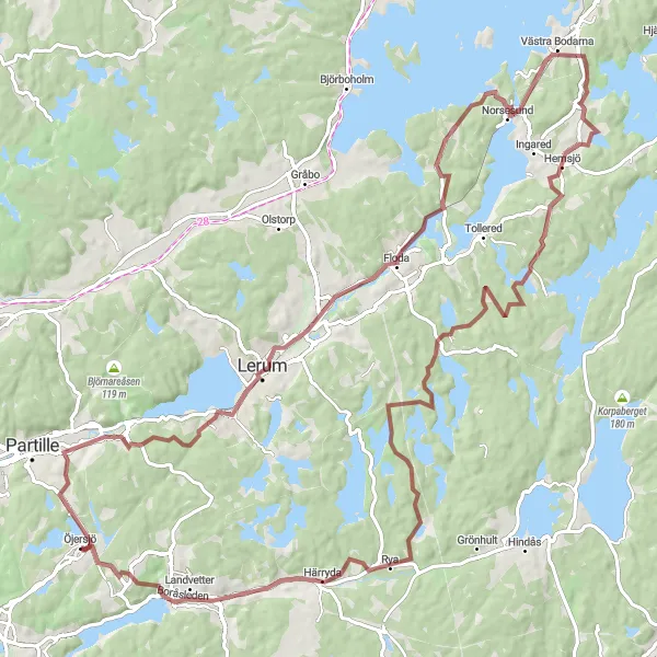 Map miniature of "Jonsered Adventure" cycling inspiration in Västsverige, Sweden. Generated by Tarmacs.app cycling route planner