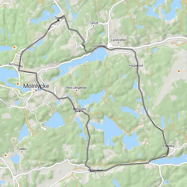 Kartminiatyr av "Landsvägskörning till Landvetter och Hällesåker" cykelinspiration i Västsverige, Sweden. Genererad av Tarmacs.app cykelruttplanerare