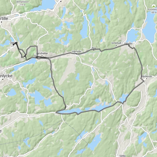 Map miniature of "Landvetter Loop" cycling inspiration in Västsverige, Sweden. Generated by Tarmacs.app cycling route planner