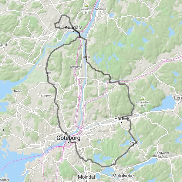 Map miniature of "The Göteborg Loop" cycling inspiration in Västsverige, Sweden. Generated by Tarmacs.app cycling route planner