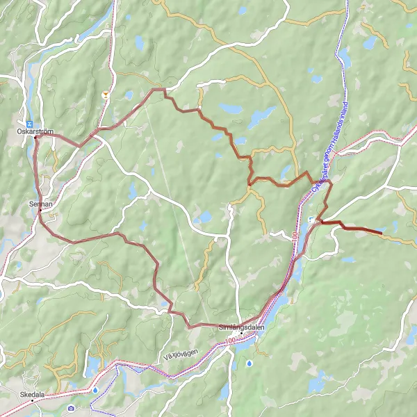Map miniature of "Simlångsdalen and Sennan Loop" cycling inspiration in Västsverige, Sweden. Generated by Tarmacs.app cycling route planner