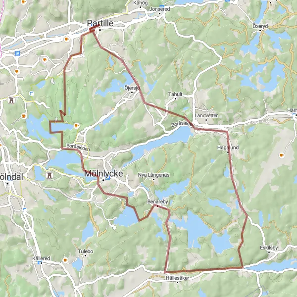 Map miniature of "Scenic Gravel Ride through Hällesåker" cycling inspiration in Västsverige, Sweden. Generated by Tarmacs.app cycling route planner