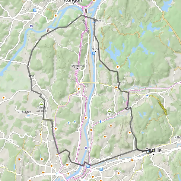 Map miniature of "Scenic Road Cycling near Partille" cycling inspiration in Västsverige, Sweden. Generated by Tarmacs.app cycling route planner