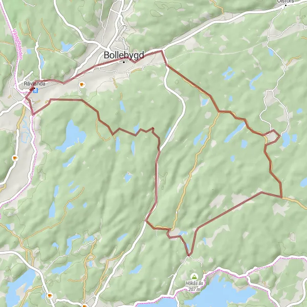 Kartminiatyr av "Graveläventyr: Rävlanda till Hökås" cykelinspiration i Västsverige, Sweden. Genererad av Tarmacs.app cykelruttplanerare
