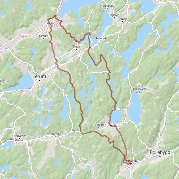 Kartminiatyr av "Västsverige vägar: Rävlanda till Hindås" cykelinspiration i Västsverige, Sweden. Genererad av Tarmacs.app cykelruttplanerare