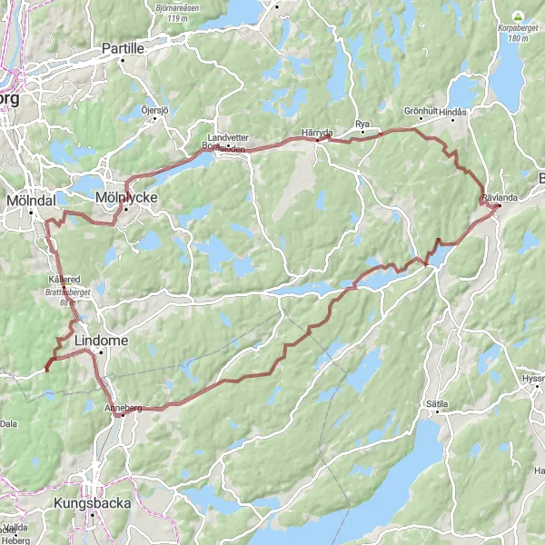 Map miniature of "Rävlanda - Härryda Gravel Loop" cycling inspiration in Västsverige, Sweden. Generated by Tarmacs.app cycling route planner