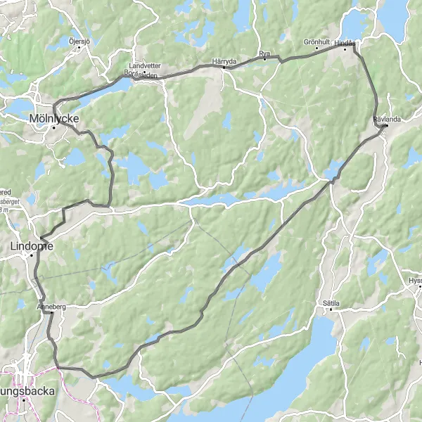 Map miniature of "Rävlanda - Hindås Road Loop" cycling inspiration in Västsverige, Sweden. Generated by Tarmacs.app cycling route planner