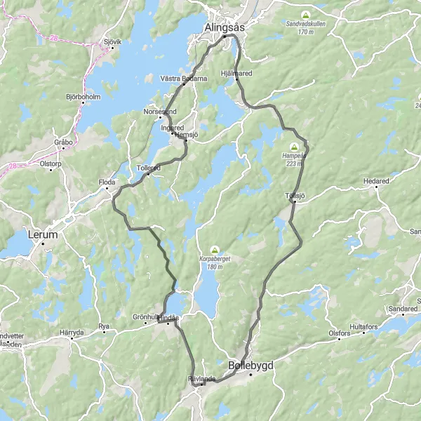 Map miniature of "Rävlanda to Hjälmared" cycling inspiration in Västsverige, Sweden. Generated by Tarmacs.app cycling route planner