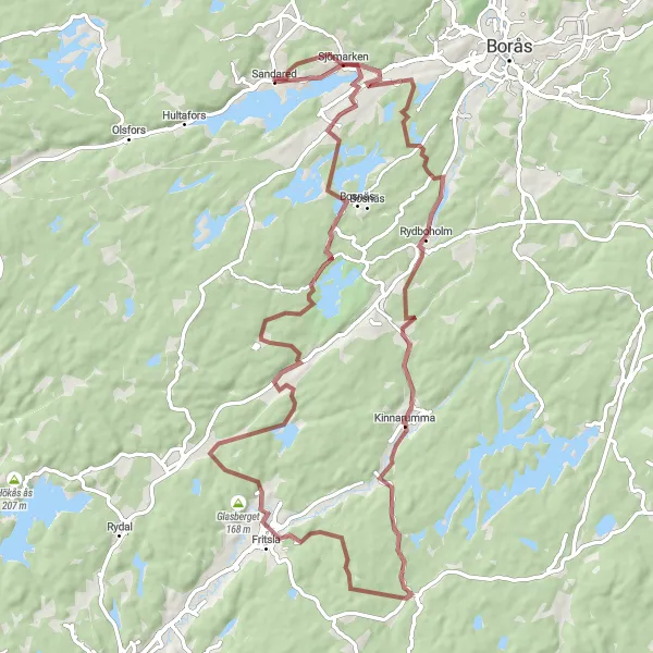 Kartminiatyr av "Grusvägsrundan till Bosnäs" cykelinspiration i Västsverige, Sweden. Genererad av Tarmacs.app cykelruttplanerare