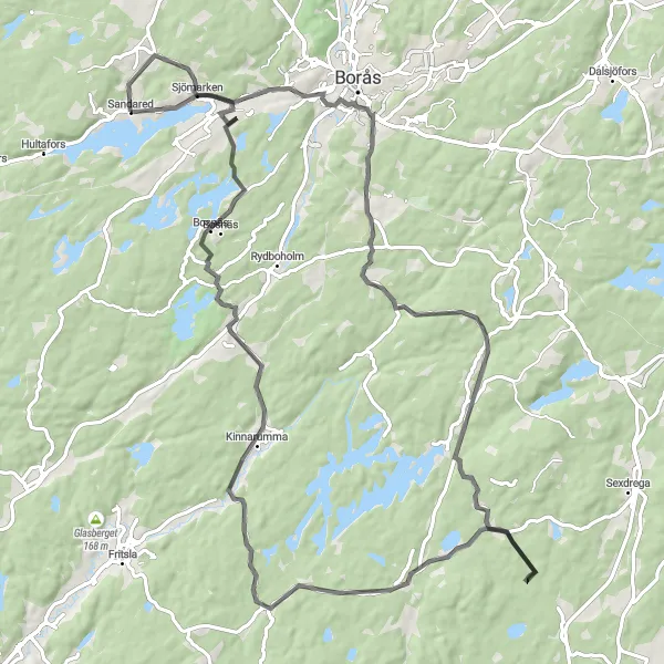 Map miniature of "The Country Roads" cycling inspiration in Västsverige, Sweden. Generated by Tarmacs.app cycling route planner