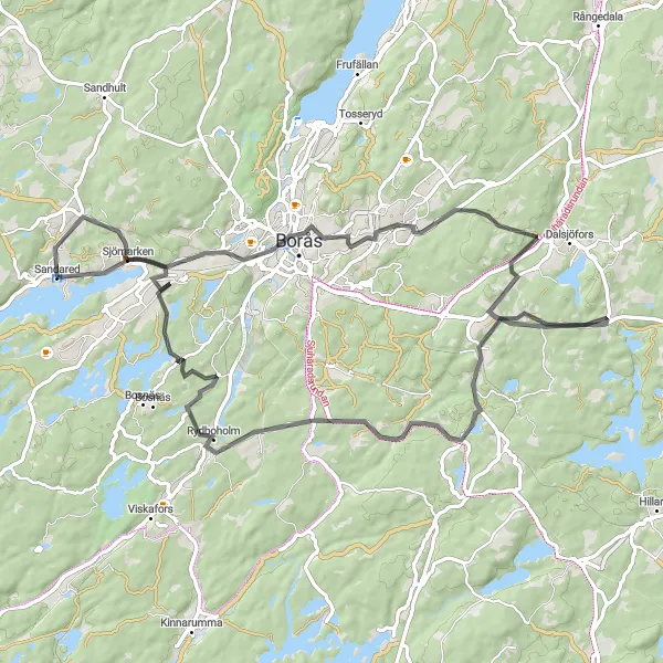 Map miniature of "Borås Loop through Viaredssjön" cycling inspiration in Västsverige, Sweden. Generated by Tarmacs.app cycling route planner