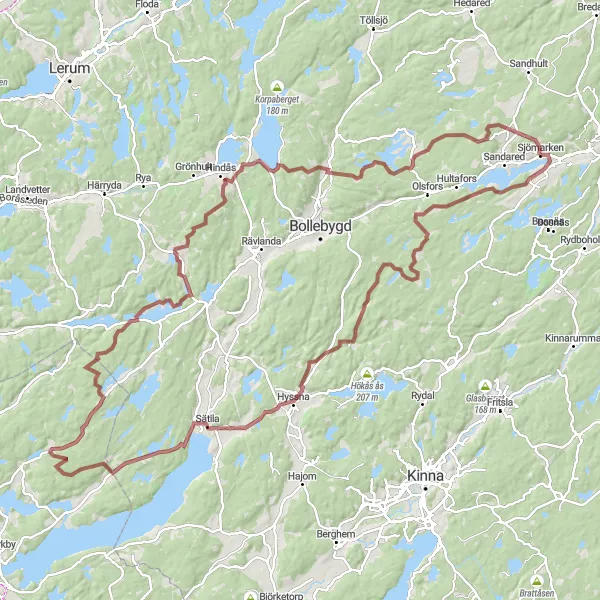 Kartminiatyr av "Avkopplande grindrunda genom Hyssna och Stora Bugärde" cykelinspiration i Västsverige, Sweden. Genererad av Tarmacs.app cykelruttplanerare