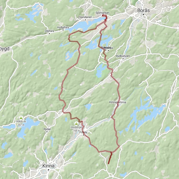 Map miniature of "Viskafors-Fritsla-Seglora Gravel Adventure" cycling inspiration in Västsverige, Sweden. Generated by Tarmacs.app cycling route planner