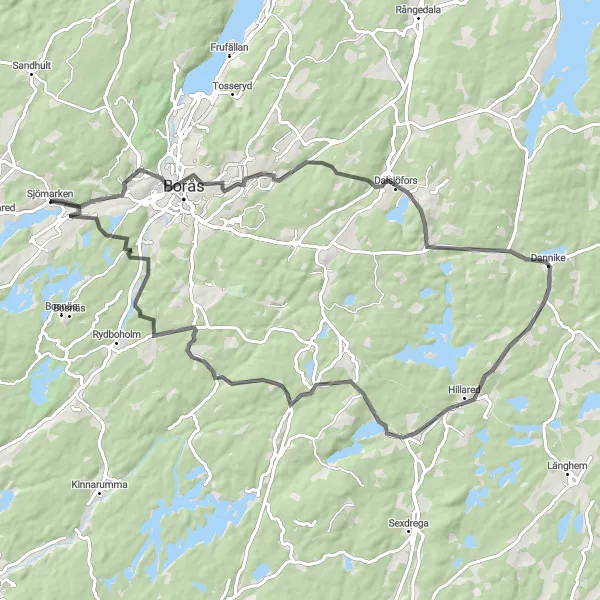 Map miniature of "Sjömarken-Dalsjöfors Loop" cycling inspiration in Västsverige, Sweden. Generated by Tarmacs.app cycling route planner