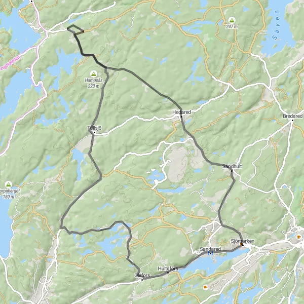 Kartminiatyr av "Runt om Sandared och Hedared" cykelinspiration i Västsverige, Sweden. Genererad av Tarmacs.app cykelruttplanerare