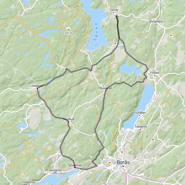 Map miniature of "Sandhult-Hedared Circuit" cycling inspiration in Västsverige, Sweden. Generated by Tarmacs.app cycling route planner