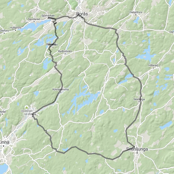 Kartminiatyr av "Svenljunga runt - upplev det bästa av landskapet på denna 93 km långa tur" cykelinspiration i Västsverige, Sweden. Genererad av Tarmacs.app cykelruttplanerare