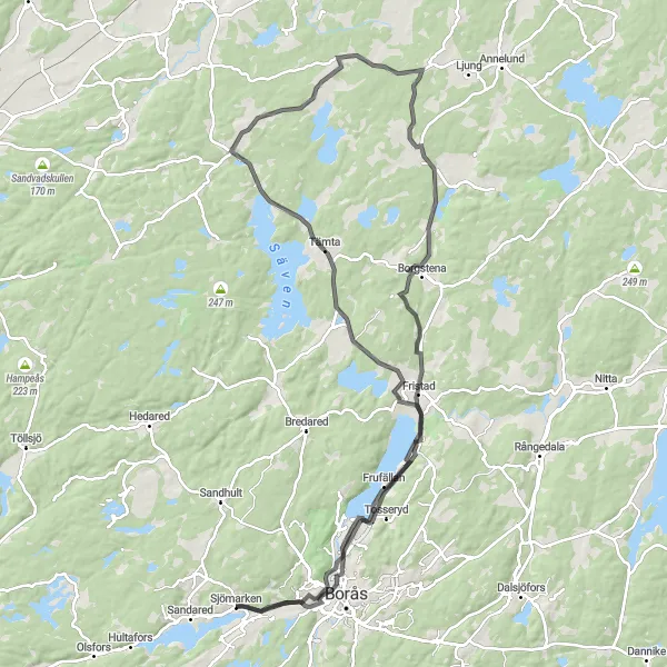 Map miniature of "Sjömarken Loop" cycling inspiration in Västsverige, Sweden. Generated by Tarmacs.app cycling route planner