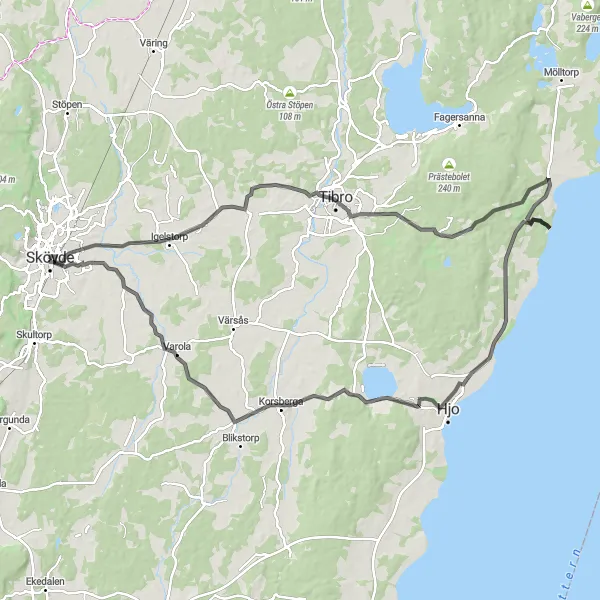 Map miniature of "Road Cycling Expedition near Skövde" cycling inspiration in Västsverige, Sweden. Generated by Tarmacs.app cycling route planner